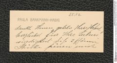 Nachlass Franz Steindachner, Visitenkarte von Paula Bankmann-Habig an Franz Steindachner, Inv.Nr. 25.02, Seite 1